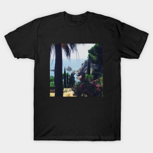 View of the charming Spanish streets Spain sightseeing trip photography from city scape Barcelona Blanes Malgrat del Mar Santa Susuana T-Shirt